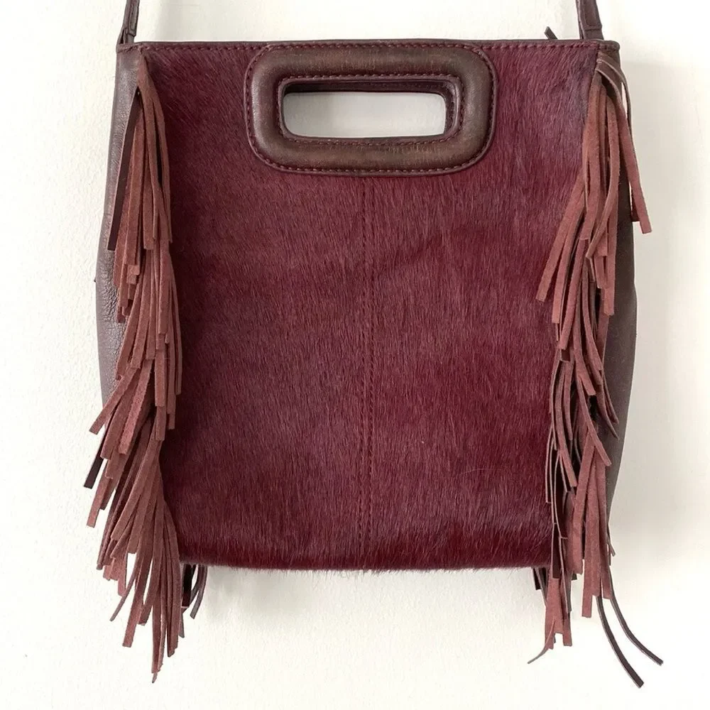 Maje Maroon Burgundy Cowhide Fringe Bag Crossbody Clutch Bag Boho Chic Festival